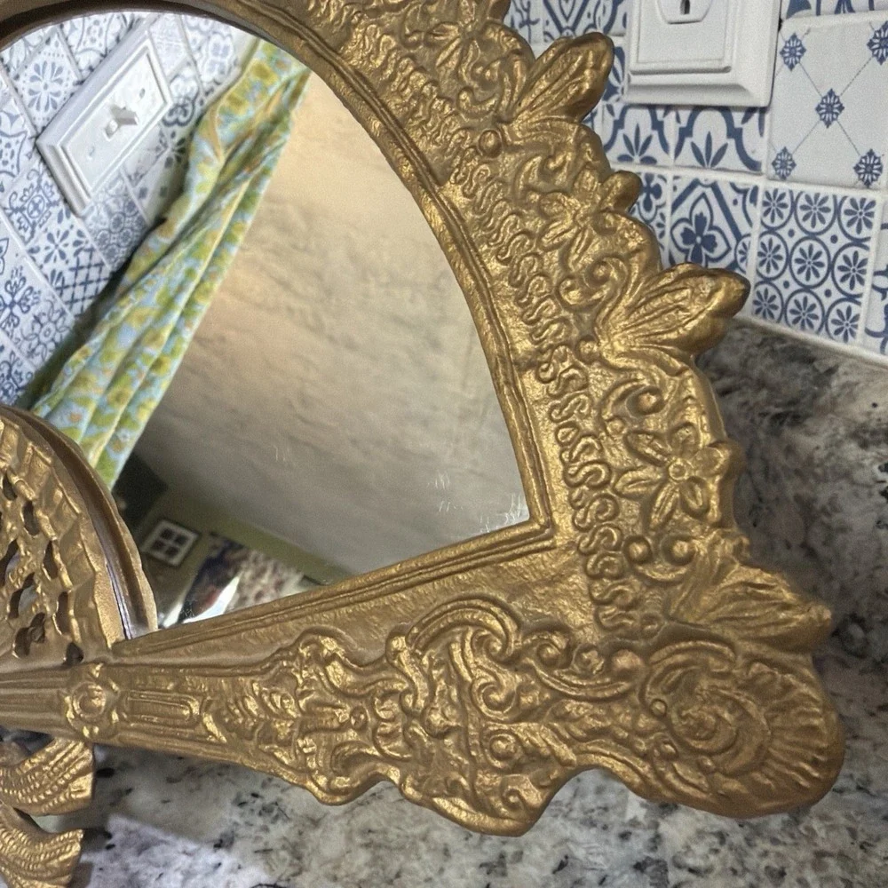 Vintage Brass Vanity Mirror / Fan Shape Mirror / Art Deco Ornate